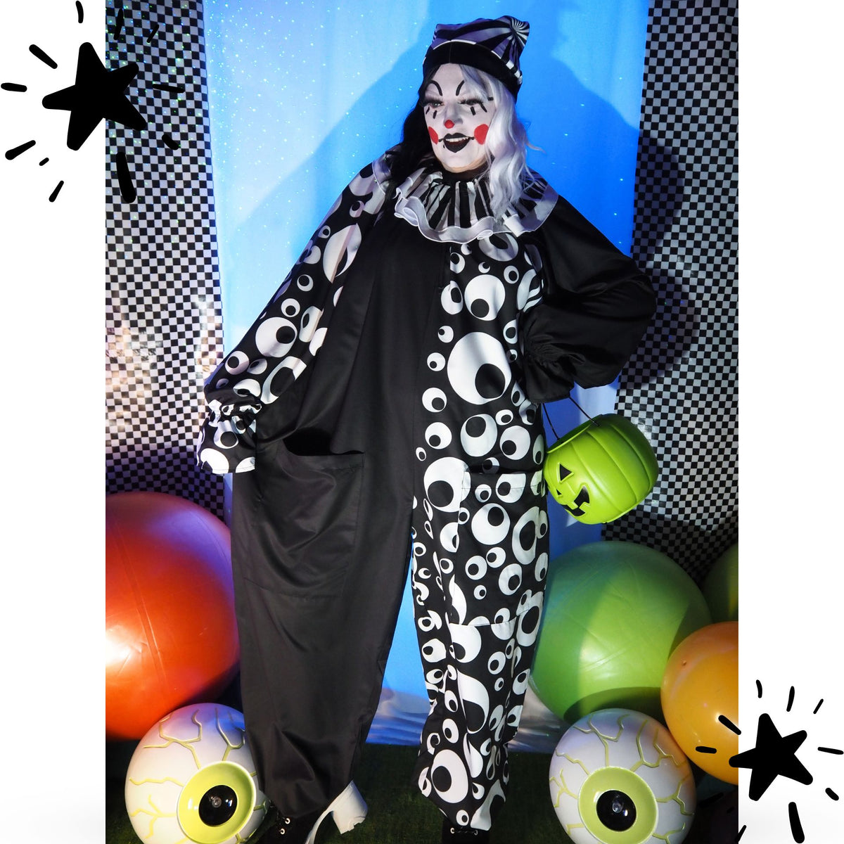 Circus Coveralls Googly Eye Black White Clown Suit w Collar