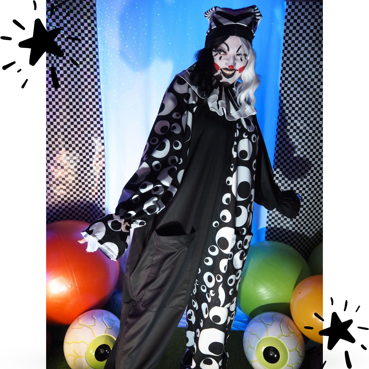 Circus Coveralls Googly Eye Black White Clown Suit w Collar