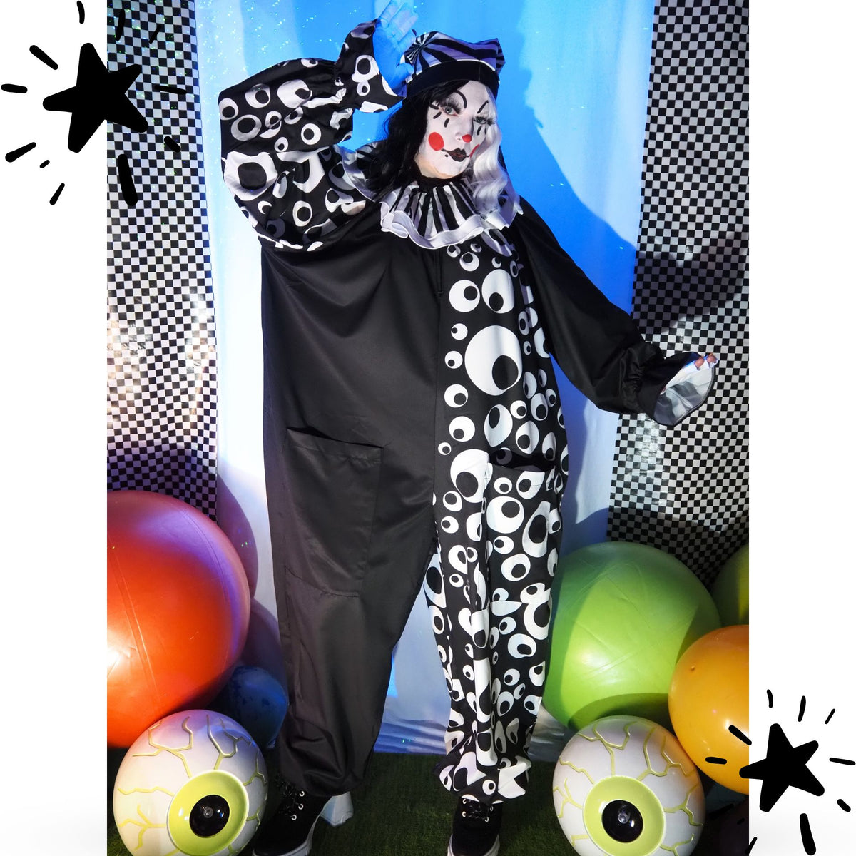 Circus Coveralls Googly Eye Black White Clown Suit w Collar