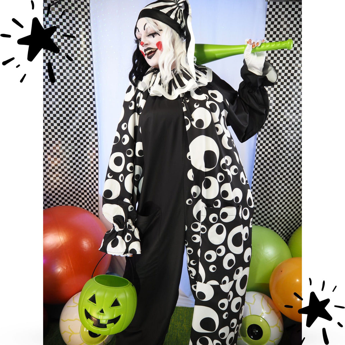 Circus Coveralls Googly Eye Black White Clown Suit w Collar