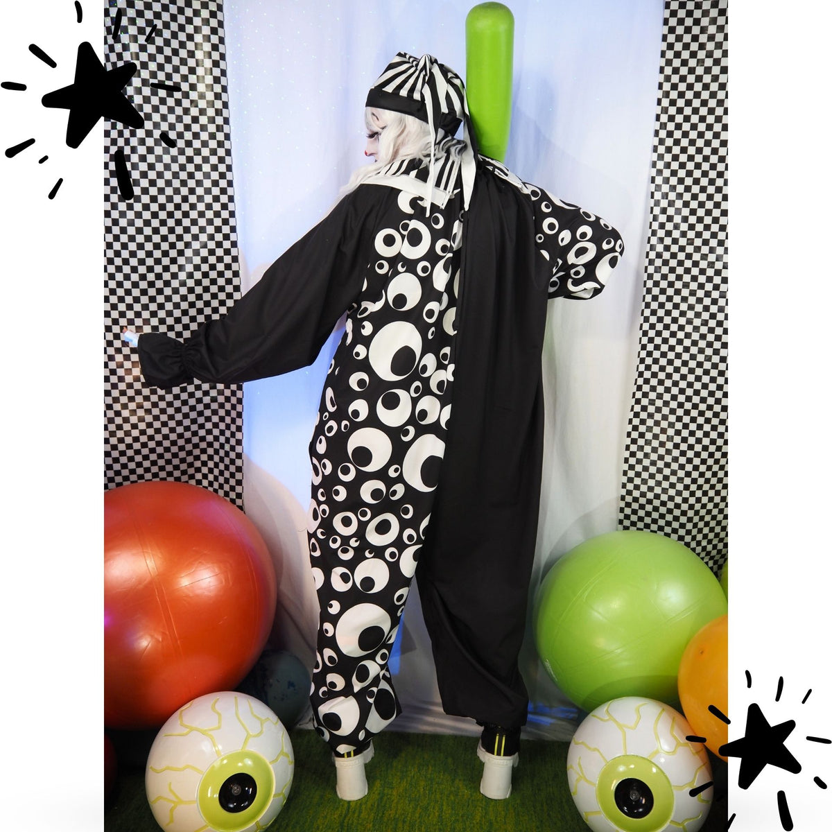 Circus Coveralls Googly Eye Black White Clown Suit w Collar