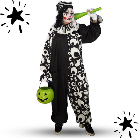 Circus Coveralls Googly Eye Black White Clown Suit w Collar