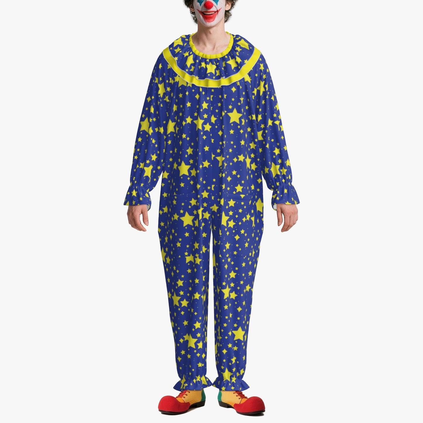 Circus Coveralls Night Stardust Blue Yellow Stars Clown Suit w Ruffle Collar