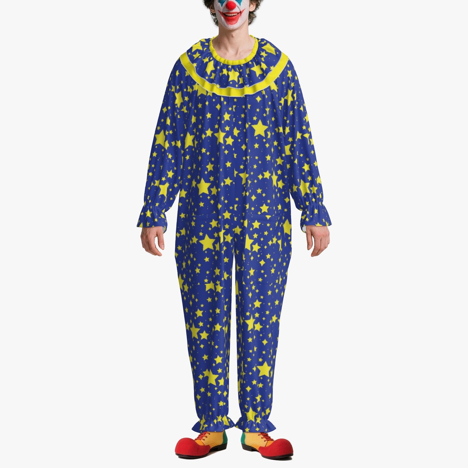 Circus Coveralls Night Stardust Blue Yellow Stars Clown Suit w Ruffle Collar