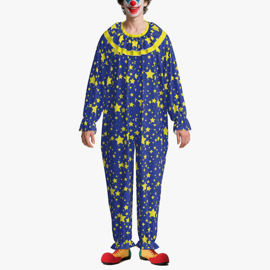 Circus Coveralls Night Stardust Blue Yellow Stars Clown Suit w Ruffle Collar
