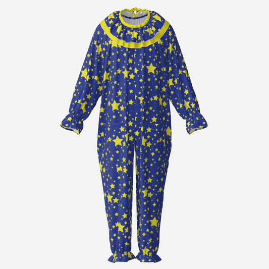 Circus Coveralls Night Stardust Blue Yellow Stars Clown Suit w Ruffle Collar