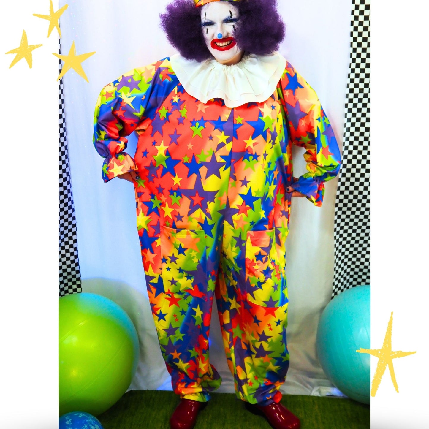 Circus Coveralls Tutti Stars Rainbow Clown Suit n White Collar