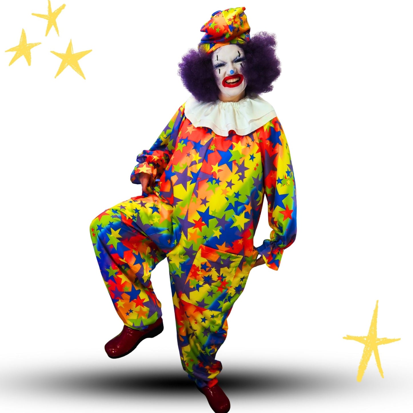 Circus Coveralls Tutti Stars Rainbow Clown Suit n White Collar