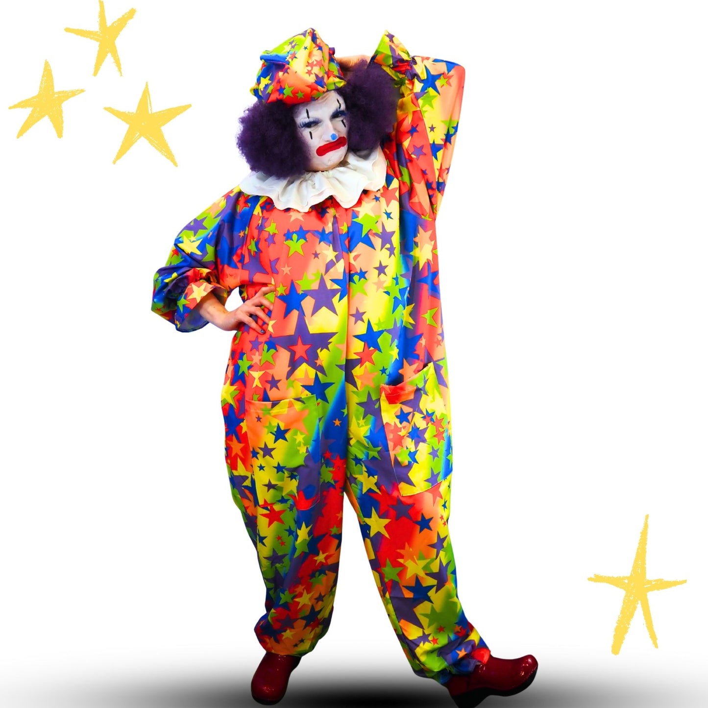 Circus Coveralls Tutti Stars Rainbow Clown Suit n White Collar