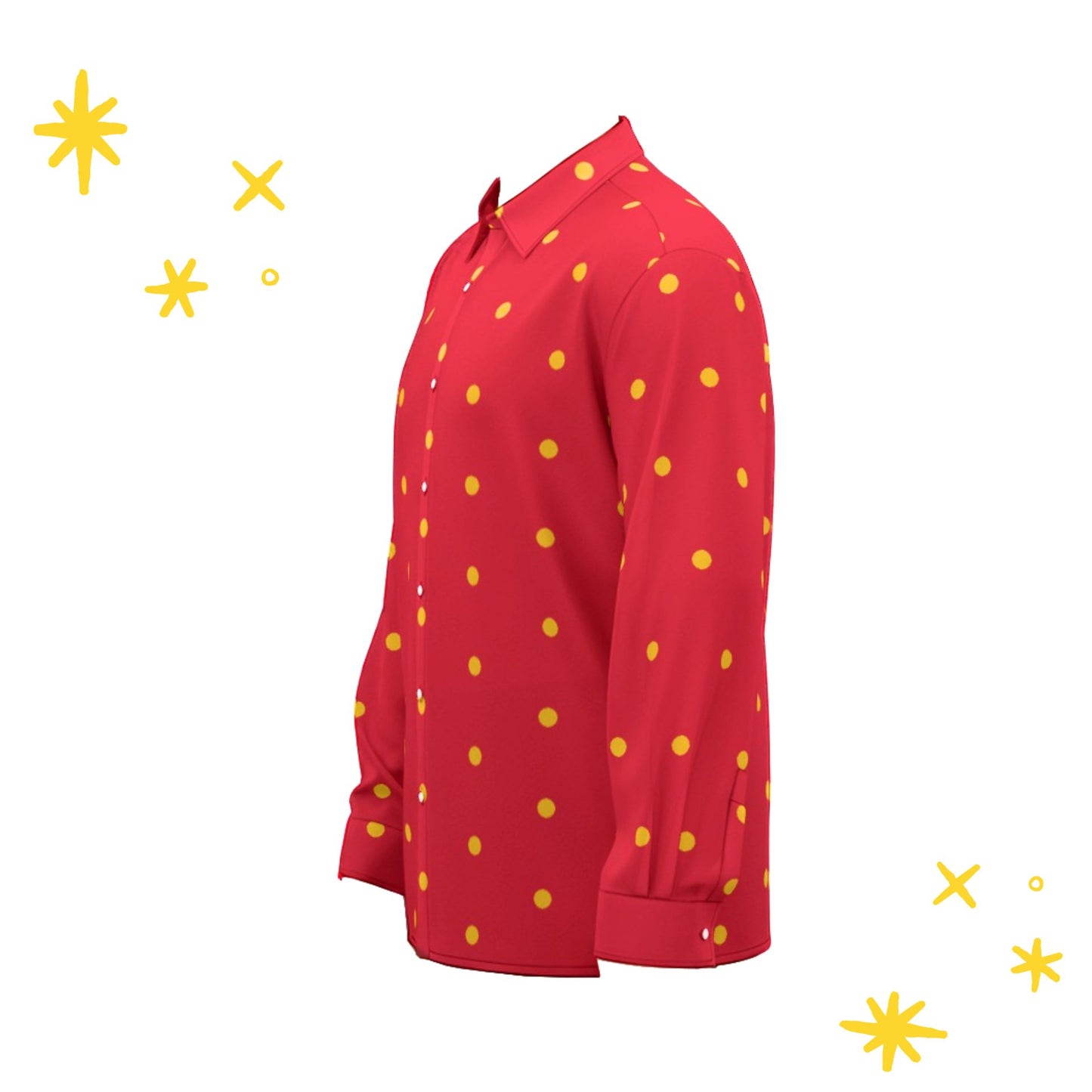 Red shirt with yellow polka dots on a white background with yellow stars.