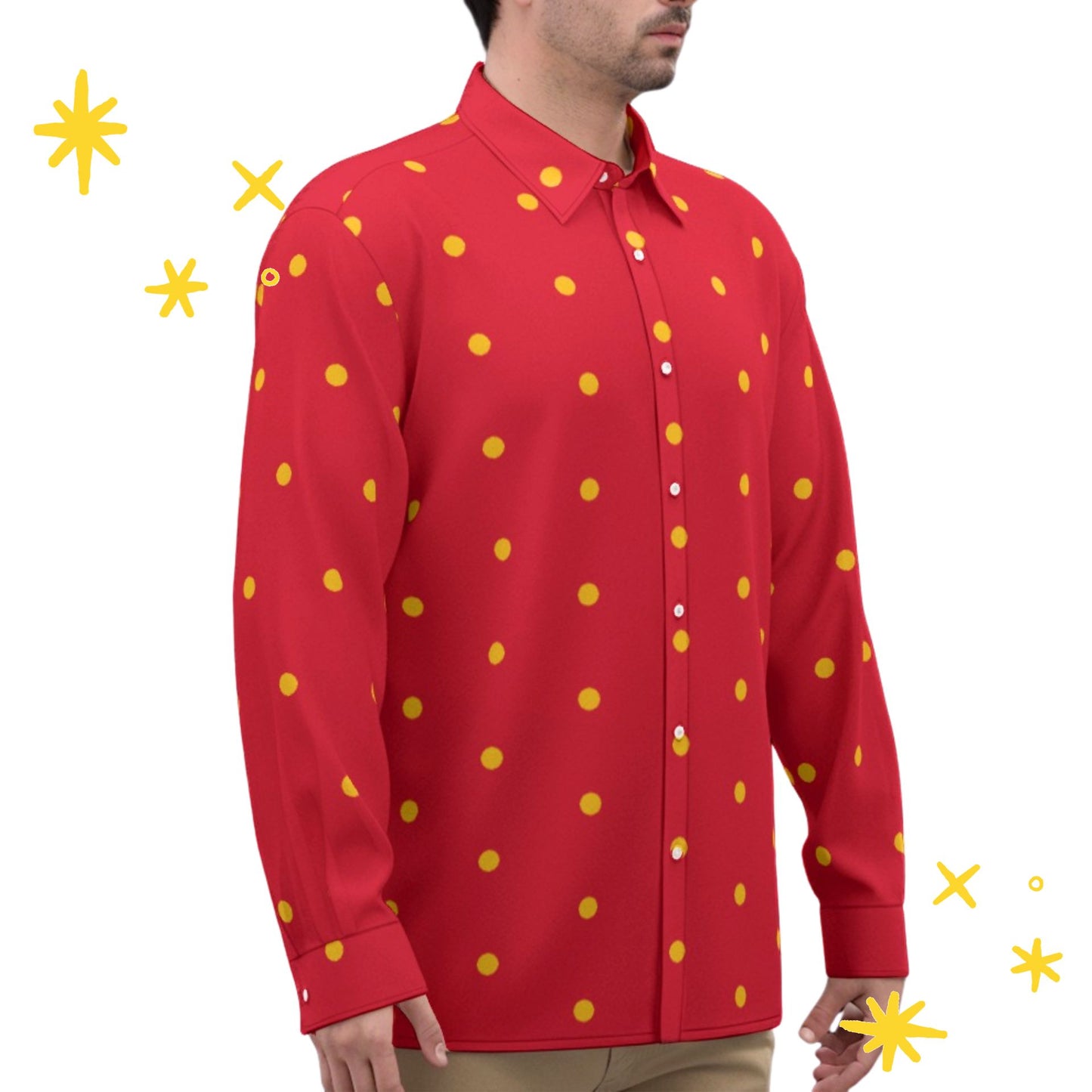 Classy Clown Dot Satin Long Sleeve Button Up, Red and Gold
