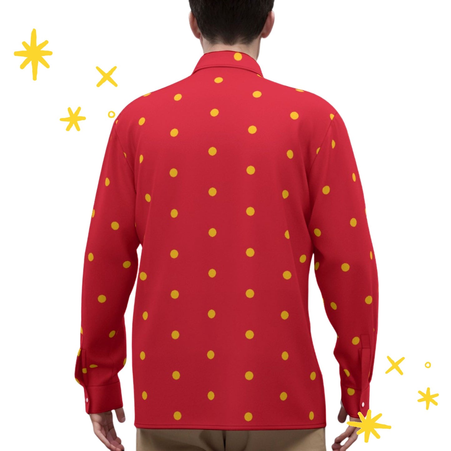 Classy Clown Dot Satin Long Sleeve Button Up, Red and Gold