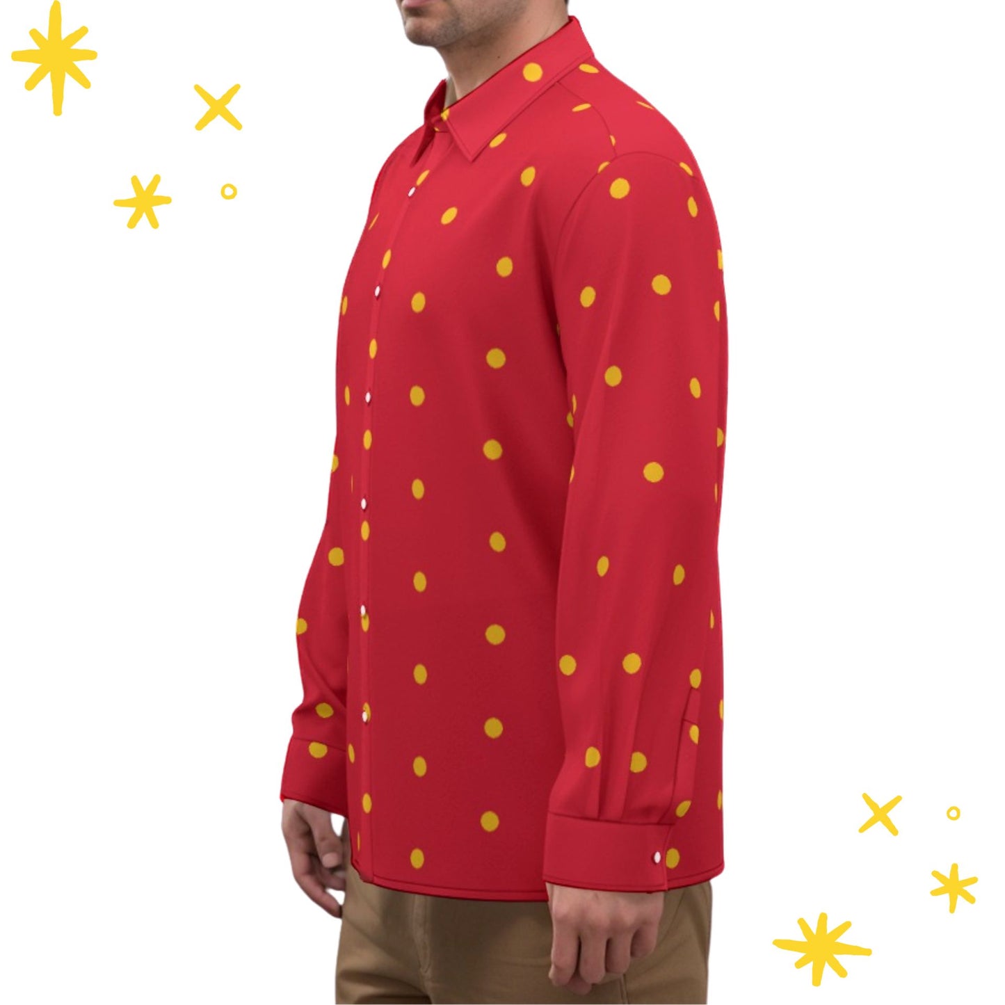 Classy Clown Dot Satin Long Sleeve Button Up, Red and Gold