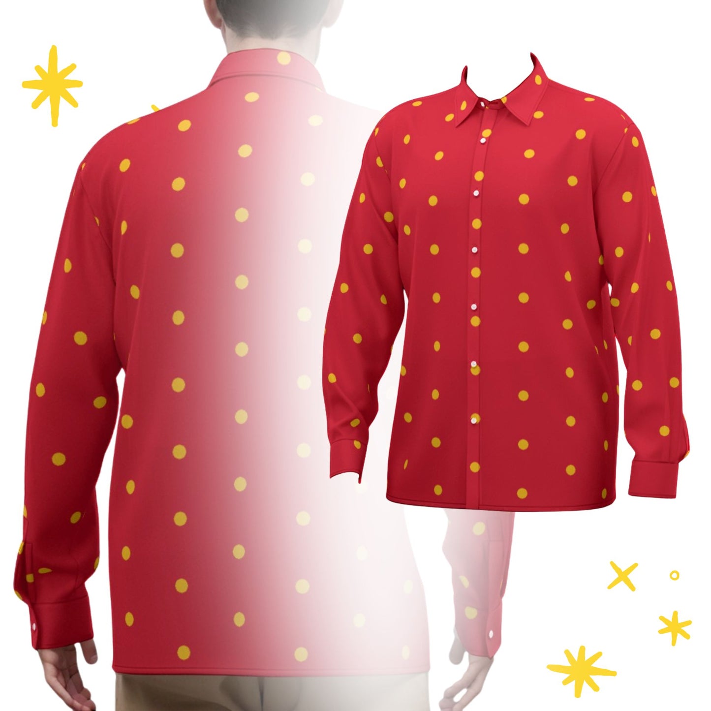 Classy Clown Dot Satin Long Sleeve Button Up, Red and Gold