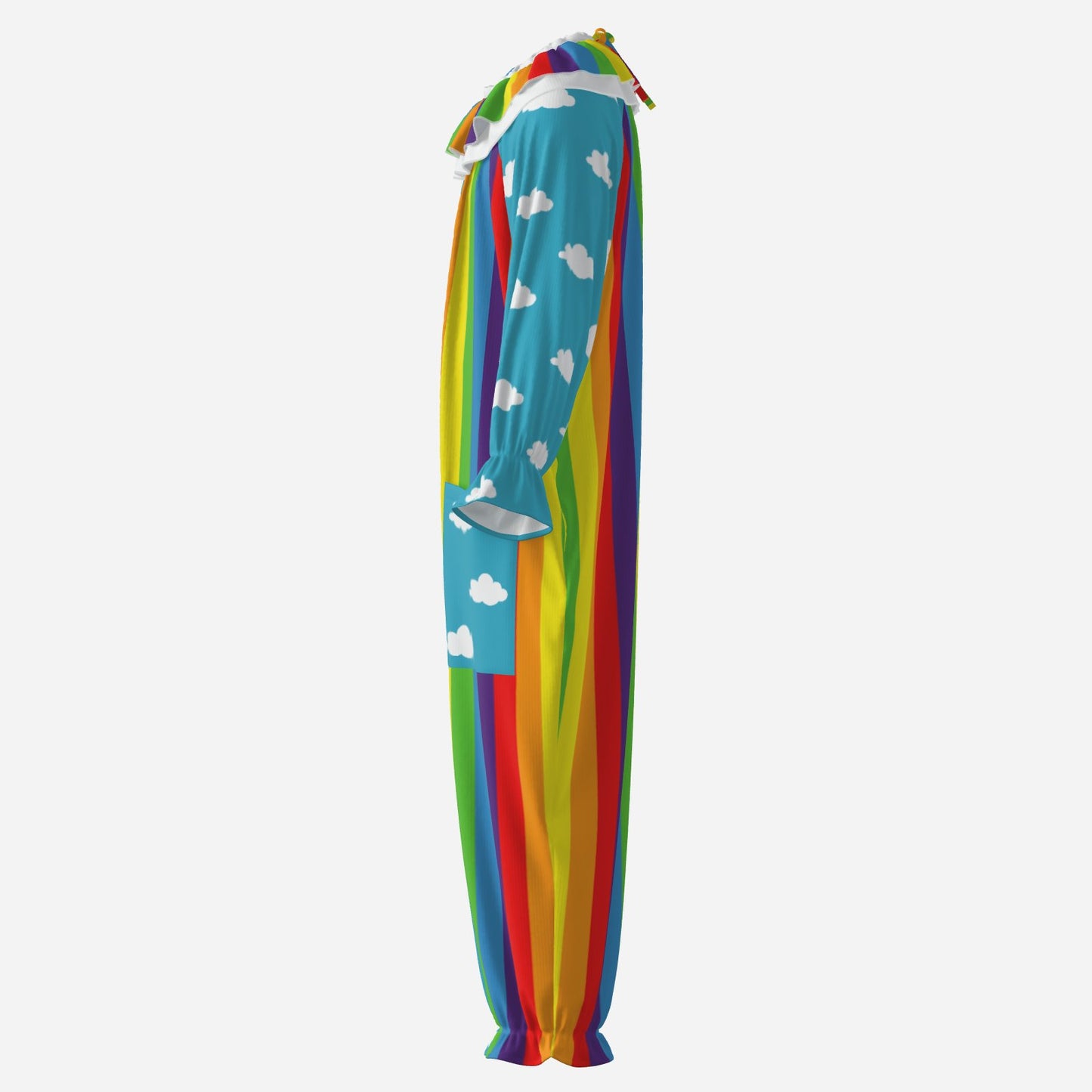 Colorful adult clown costume with rainbow pattern and blue sky w clouds