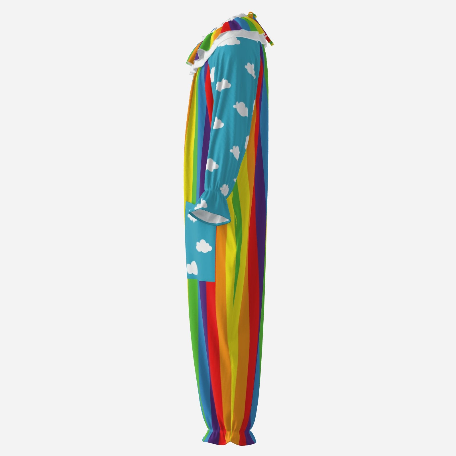 Colorful adult clown costume with rainbow pattern and blue sky w clouds