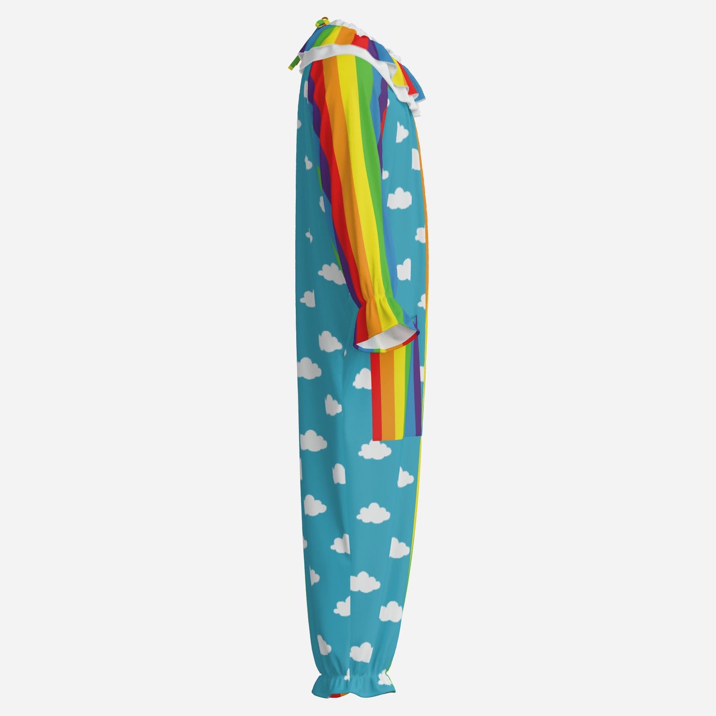 Colorful adult clown costume with rainbow and cloud patterns on a white background
