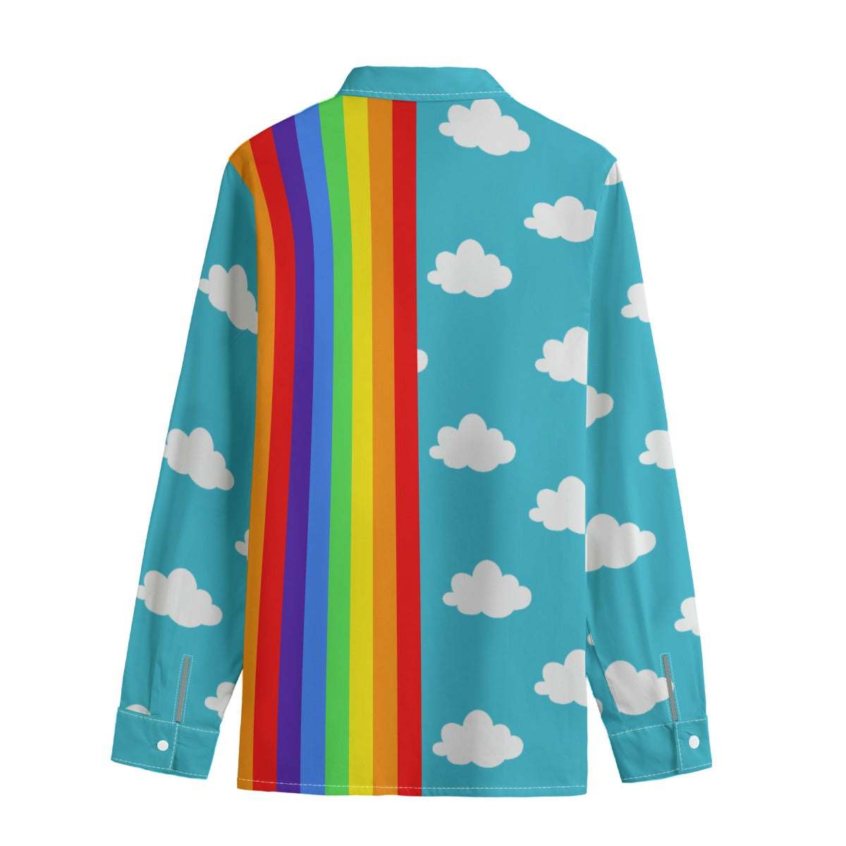 Colorful shirt with rainbow stripes and cloud patterns on a white background