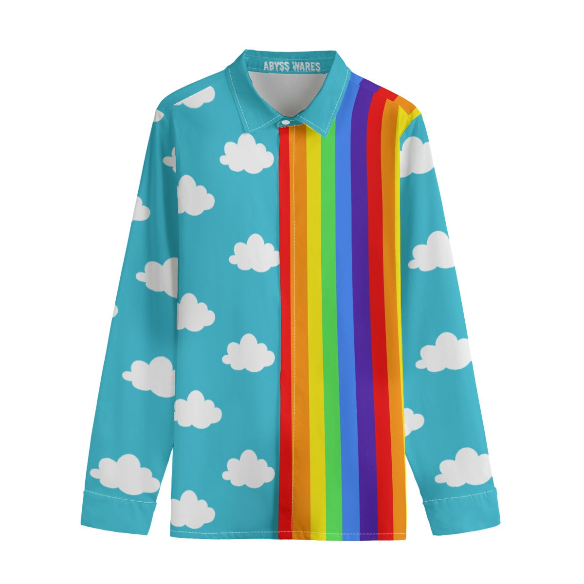 Long-sleeve shirt with rainbow pattern and cloud designs on a white background