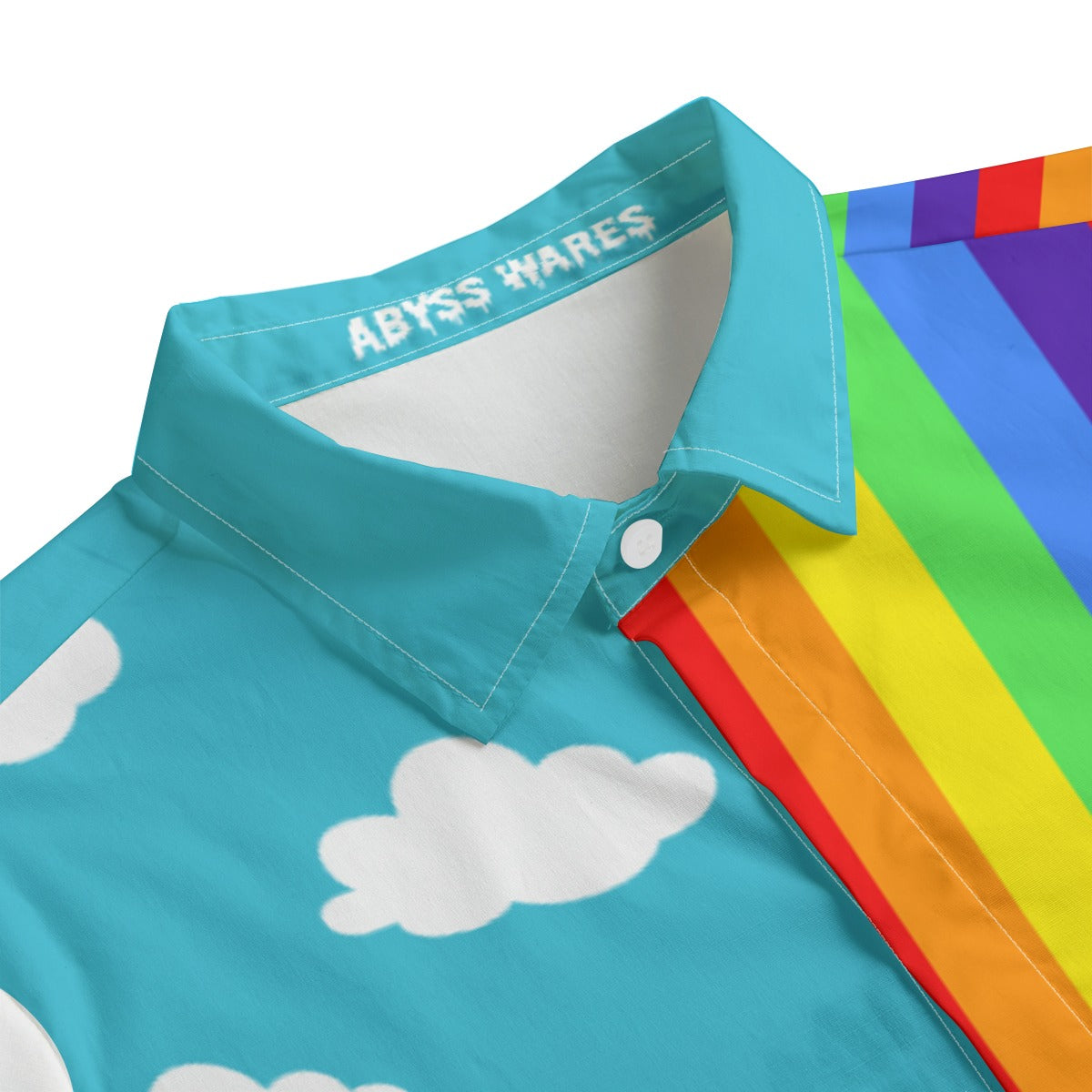 Adult unisex cotton button down dress shirt with rainbow design and cloud patterns, branded 'Abyss Wares'.