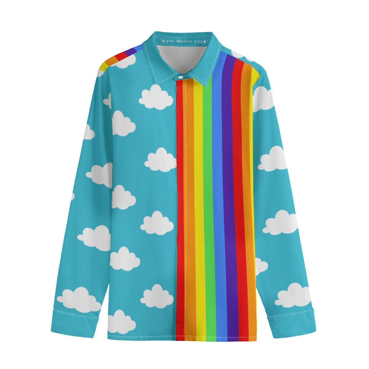 Colorful shirt with rainbow pattern and cloud designs on a white background