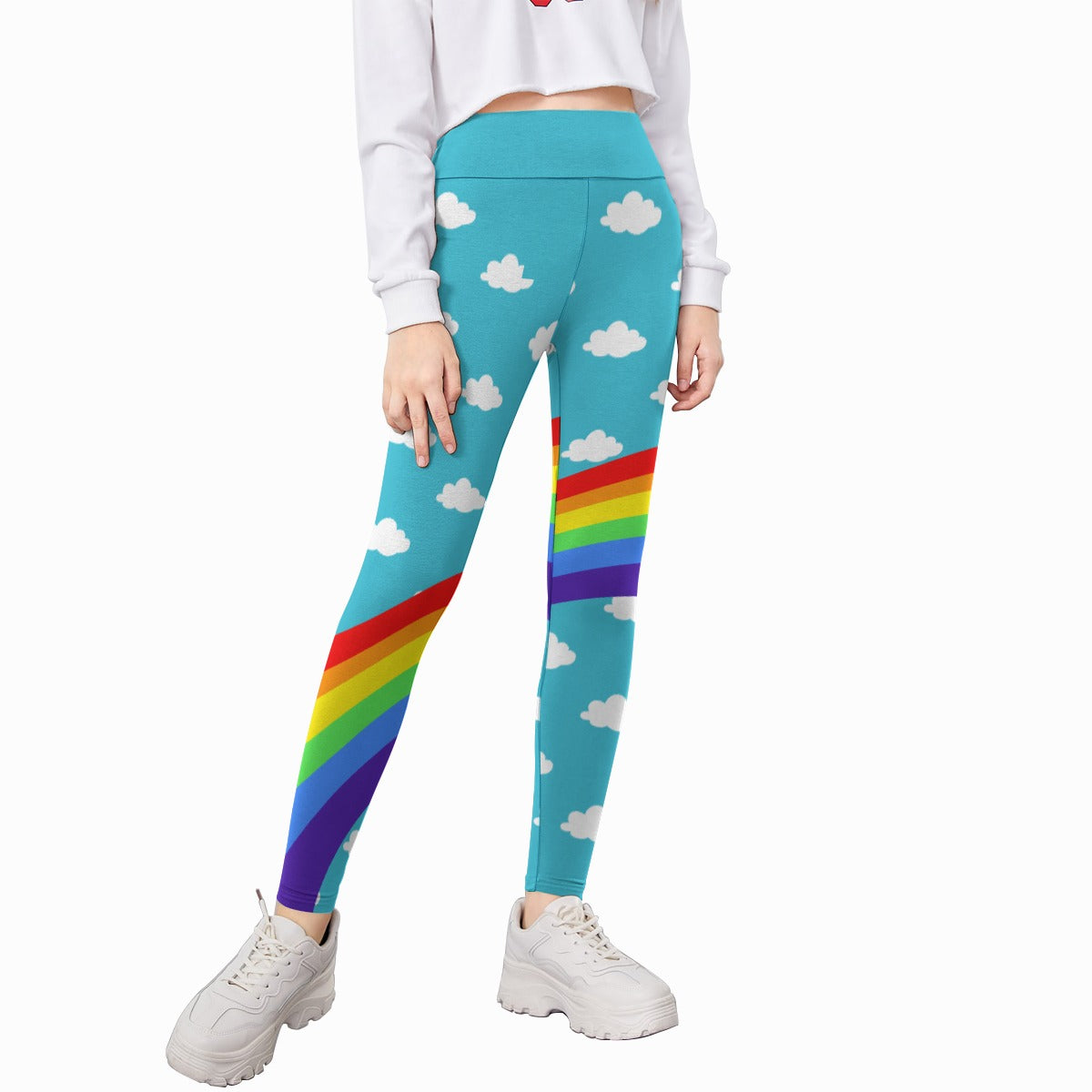 Kid sized decora kei Leggings with rainbow design and cloud pattern 