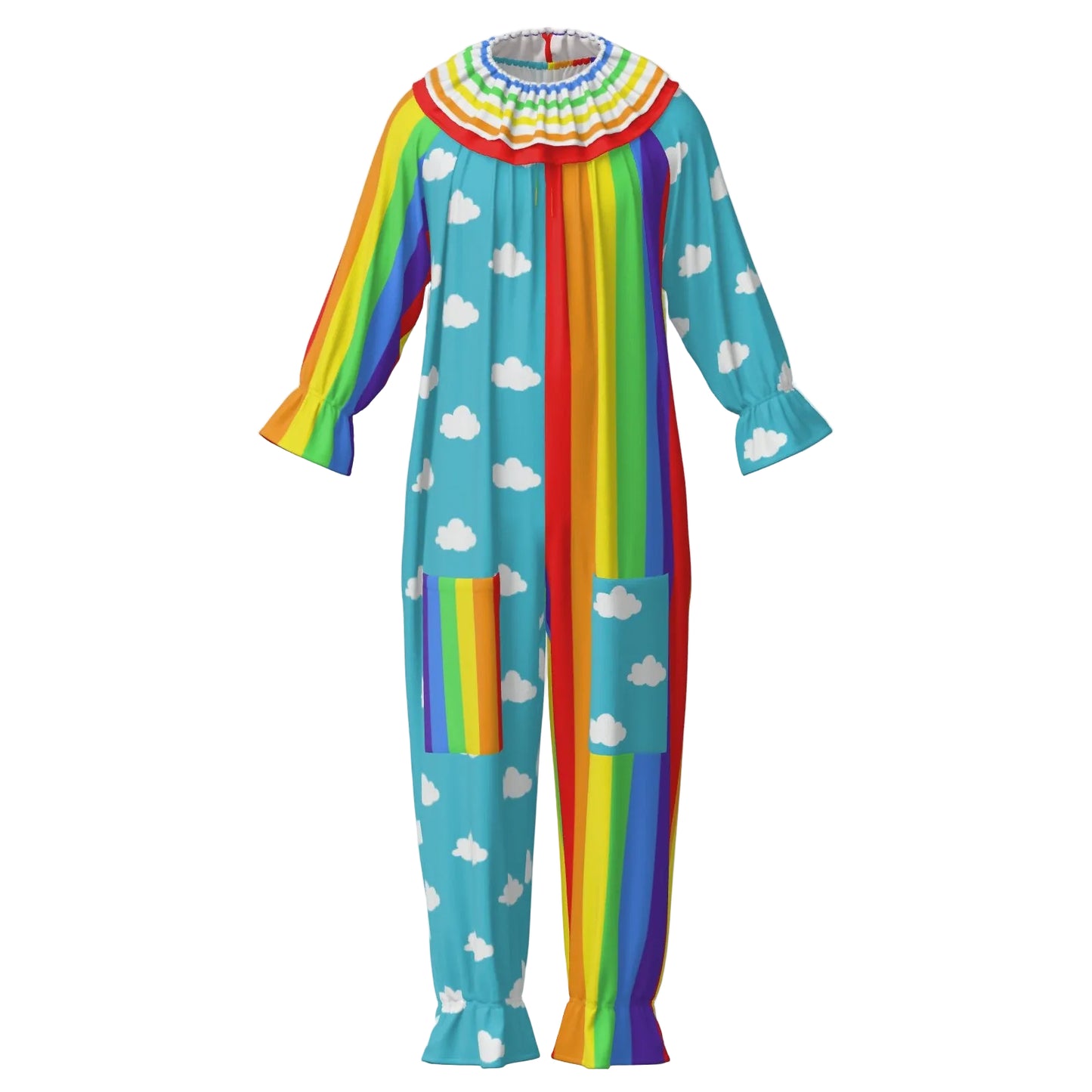 Colorful baggy clown jumpsuit for adults with rainbow pattern and cloud designs on a white background