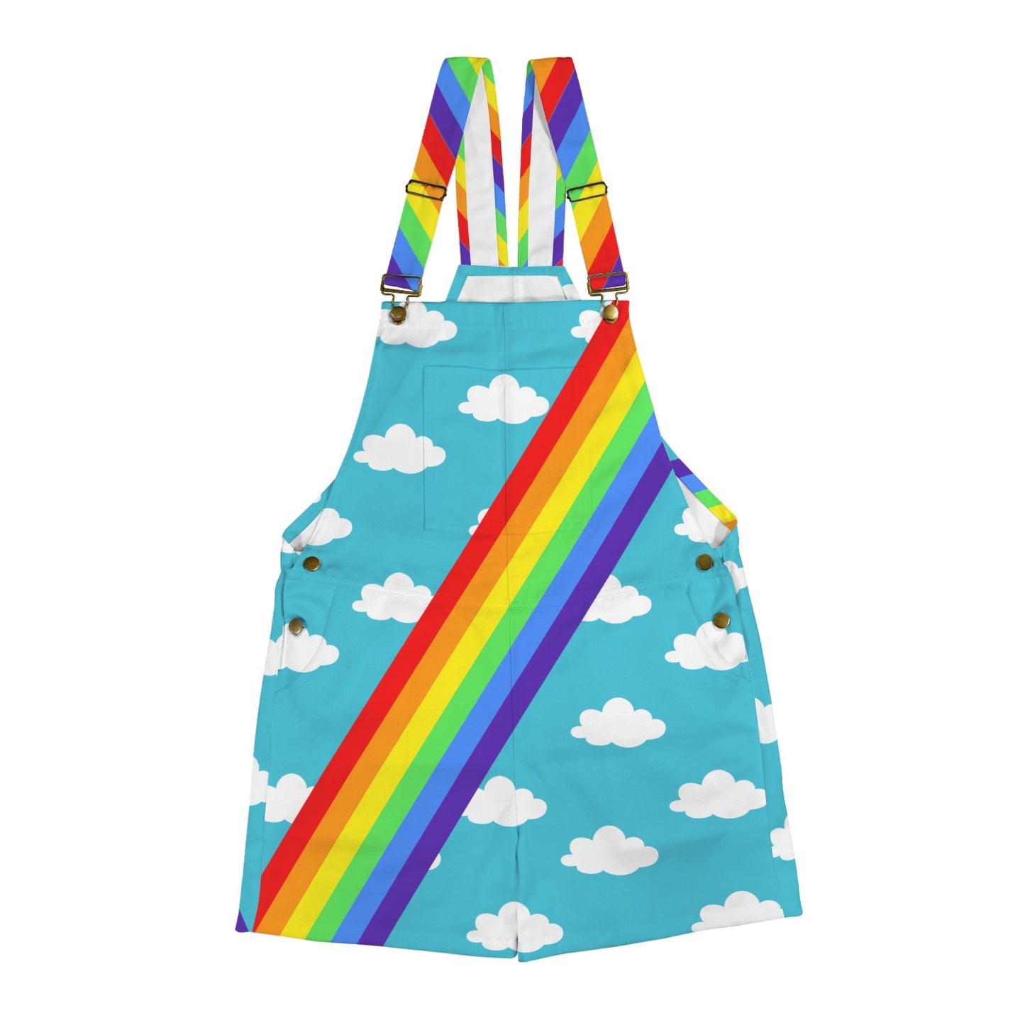 Adult unisex short overalls with rainbow straps and cloud pattern on a blue background