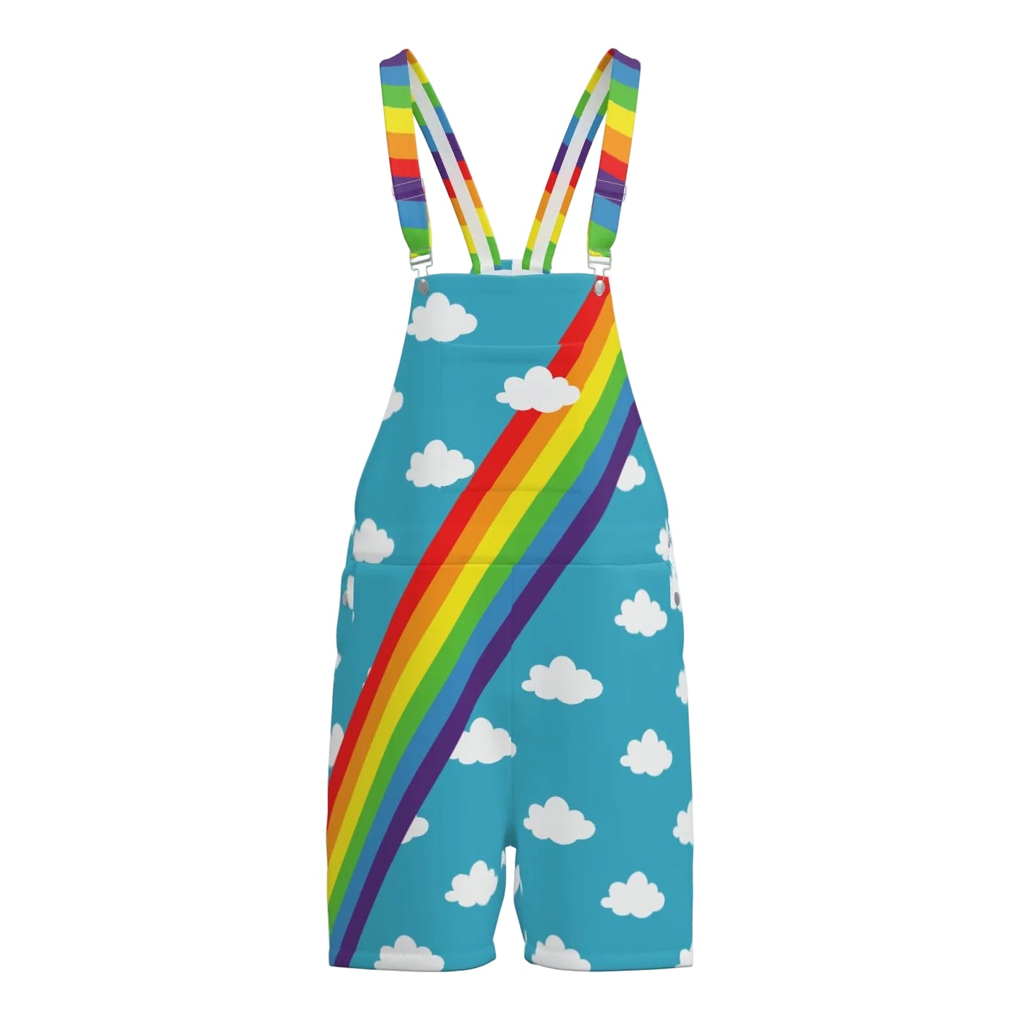 Adult size short overalls with rainbow and cloud pattern