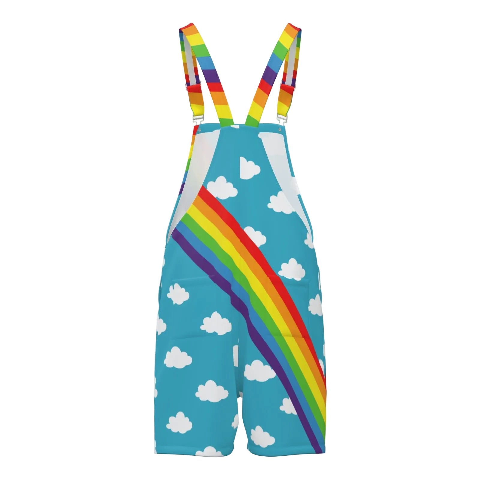 adults decora kei overalls with rainbow and cloud pattern on a light blue background