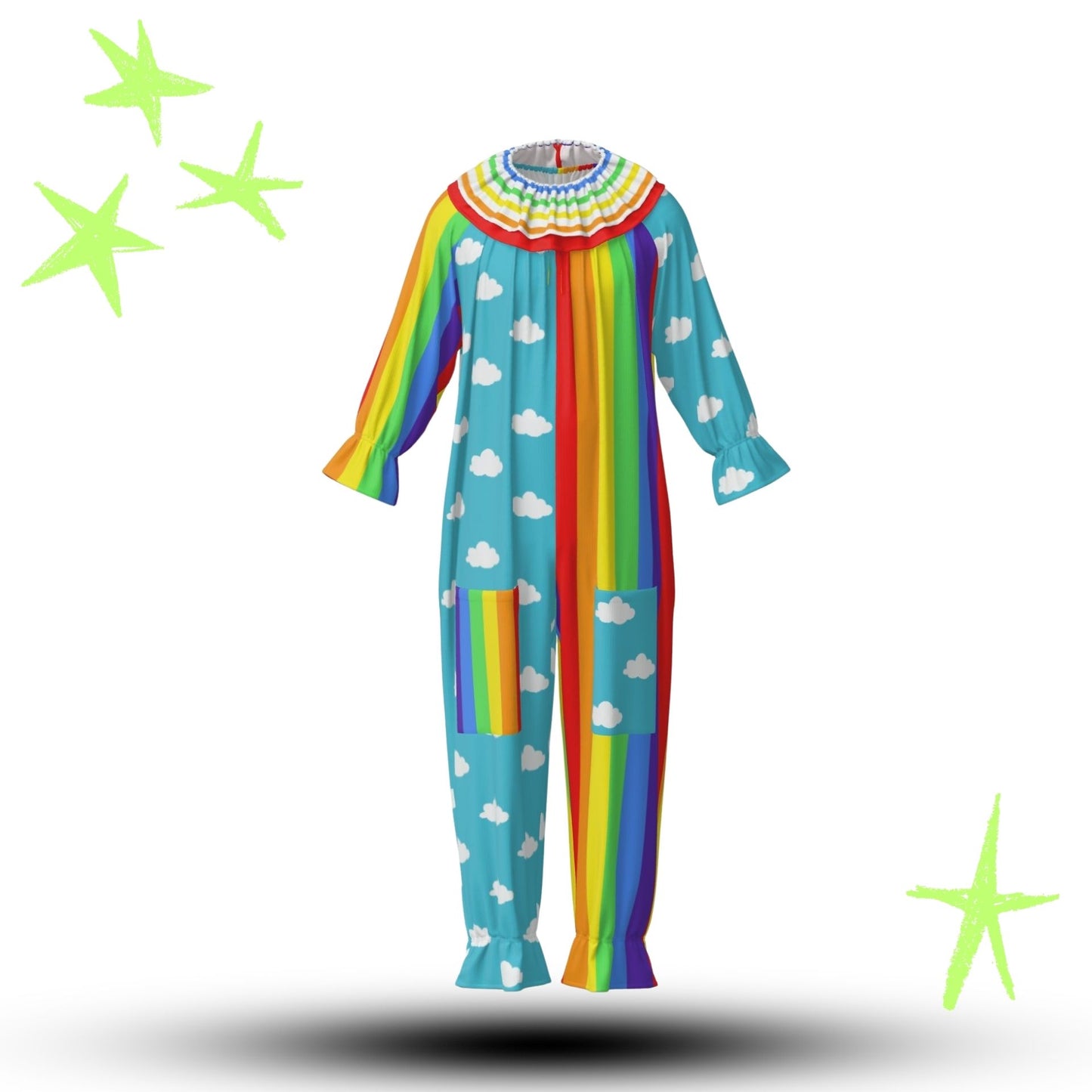 Colorful adult clown suit professional costume with rainbow pattern on a white background