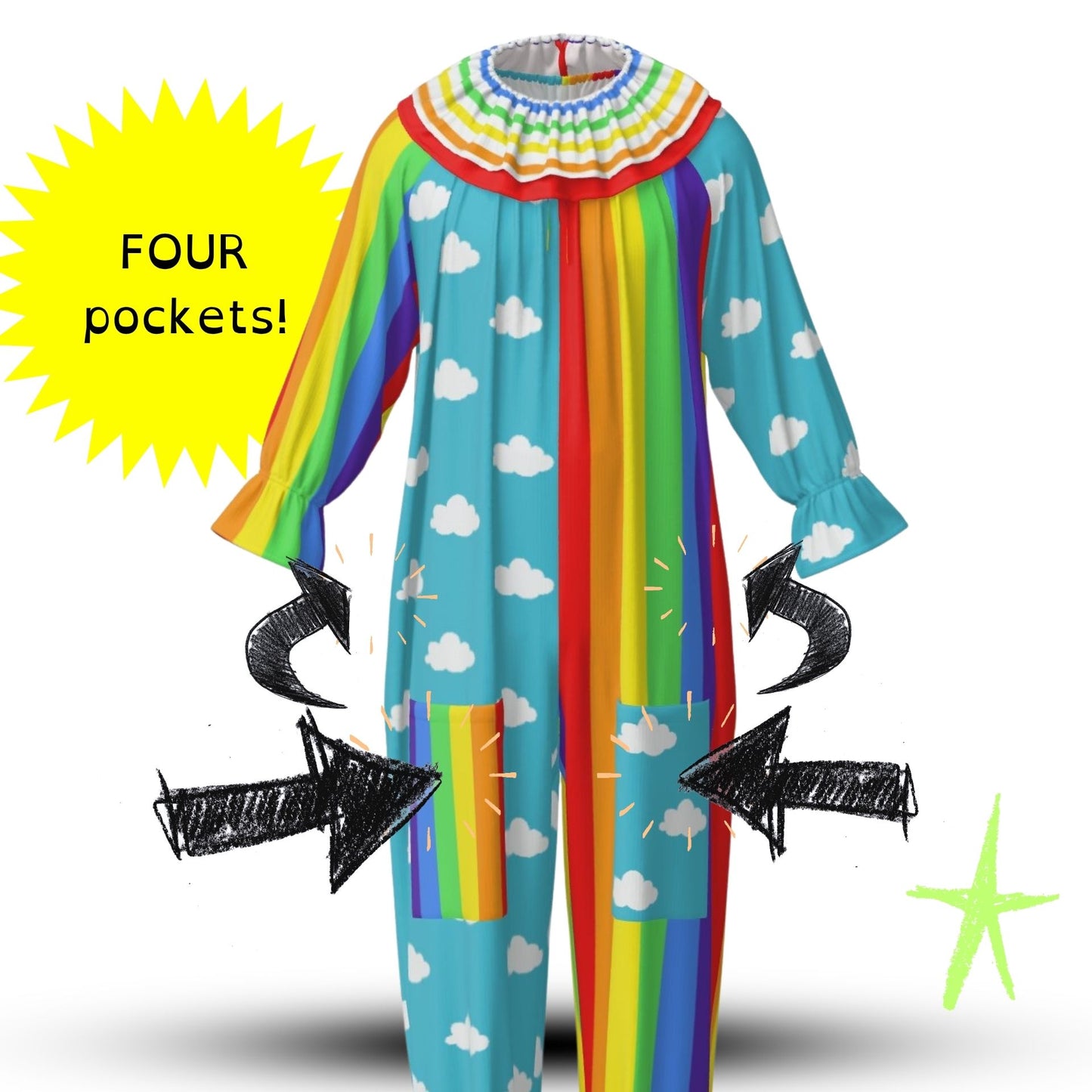 Clouds n Rainbows Pro Clown Suit and Collar Set