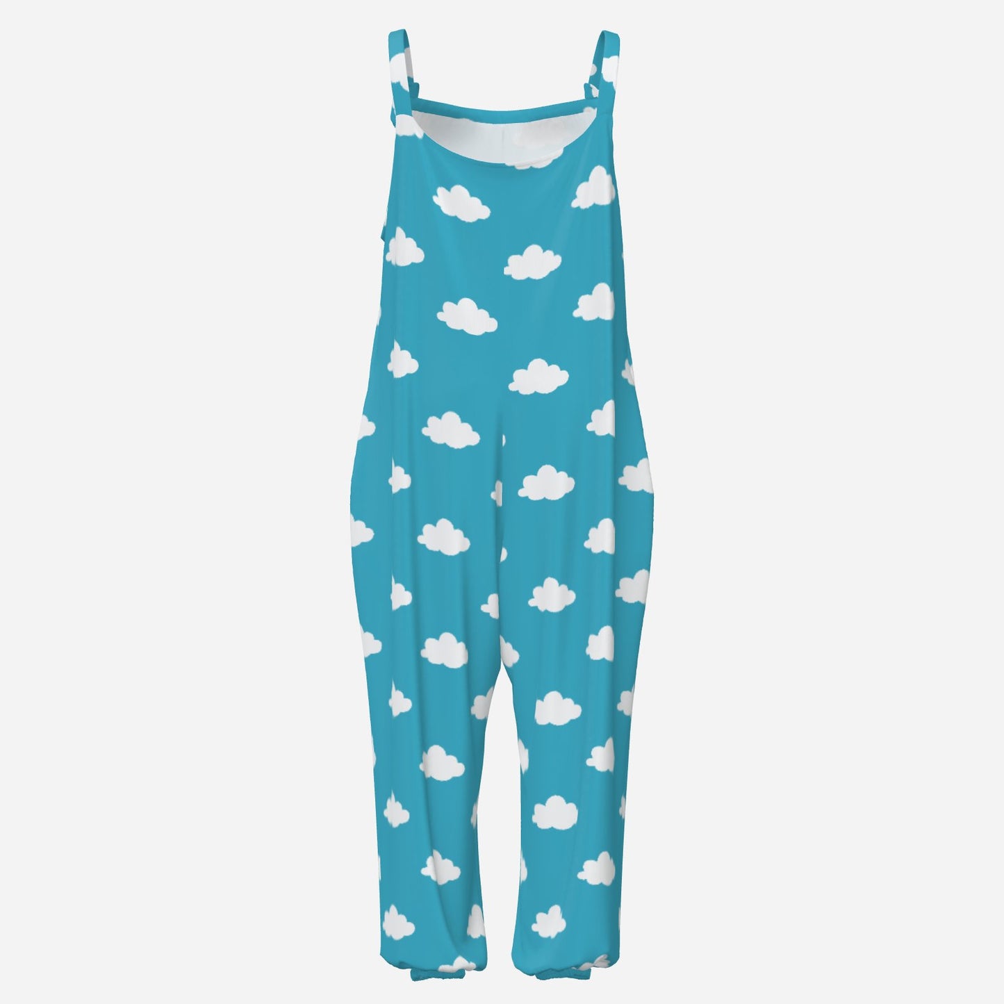 Blue overalls with white cloud pattern on a light blue background