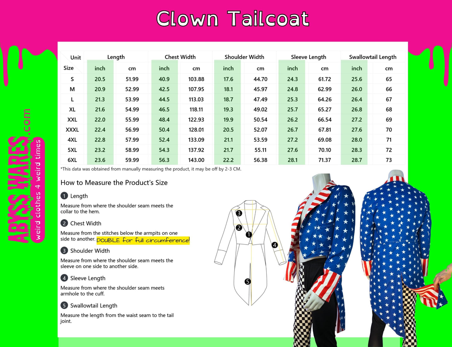 Clown tailcoat measurement chart with American flag design on a colorful background