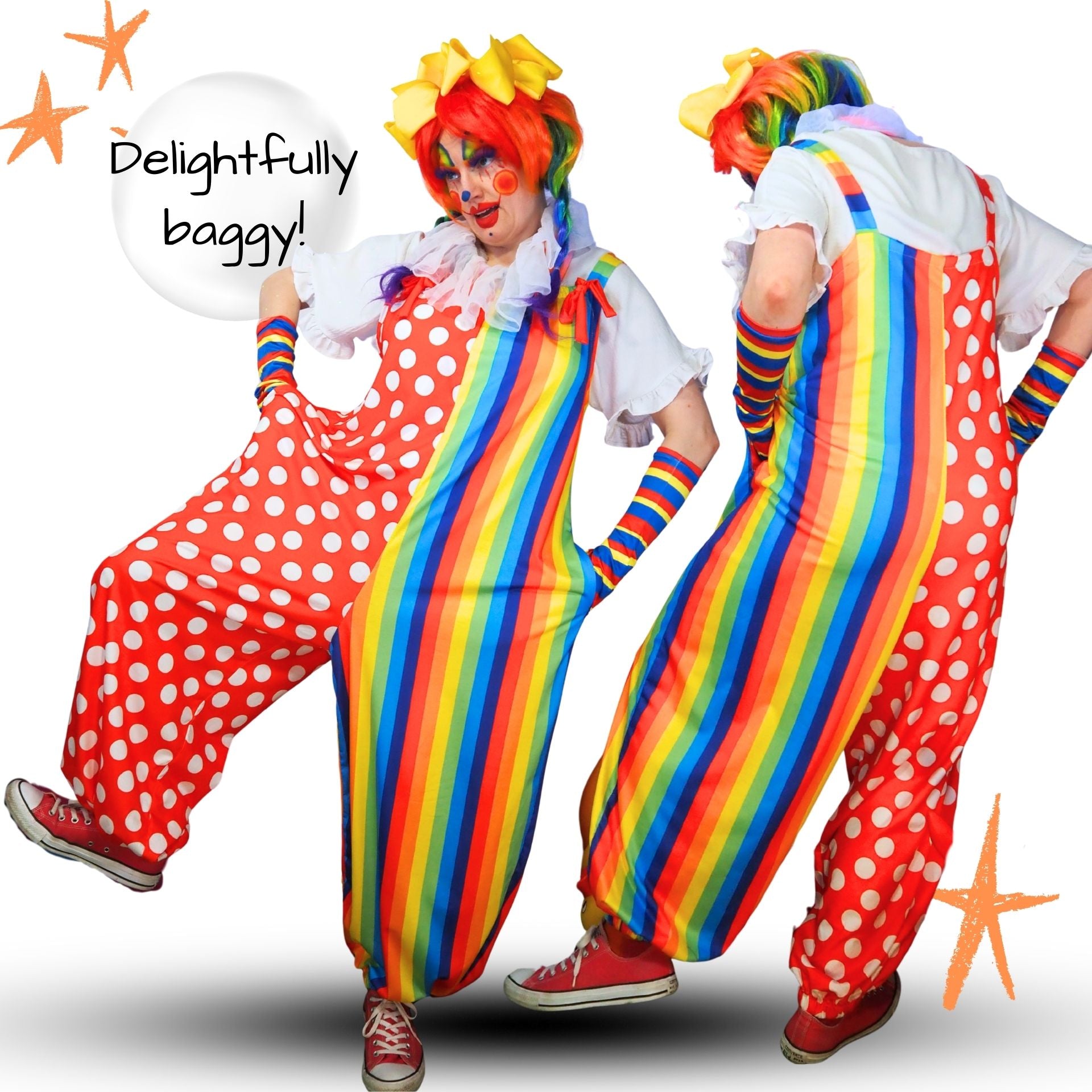 Person wearing a colorful clown costume with rainbow striped pants and red polka dot overalls.