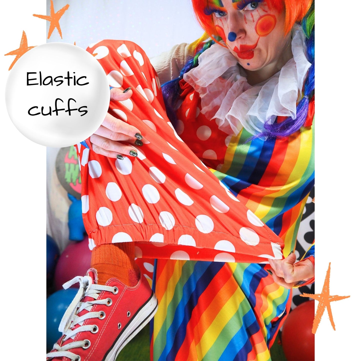 Clown holding a red polka dot scarf with text 'Elastic cuffs' on a colorful background.