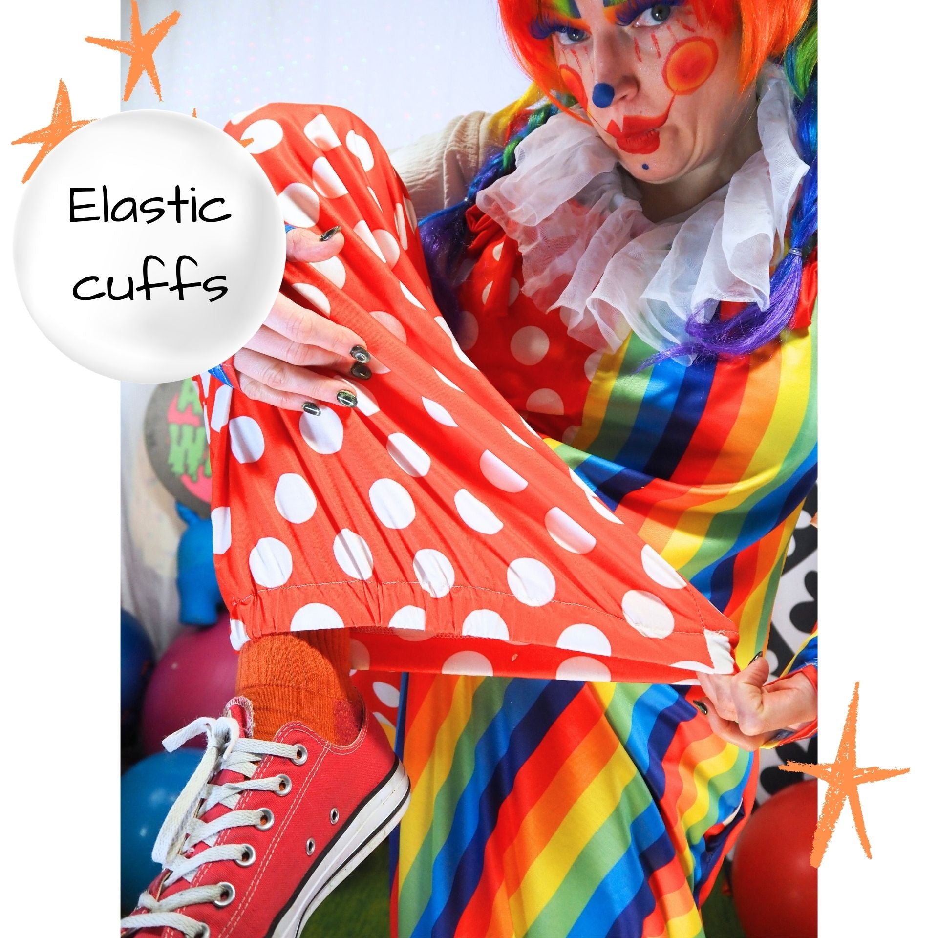 Clown holding a red polka dot scarf with text 'Elastic cuffs' on a colorful background.