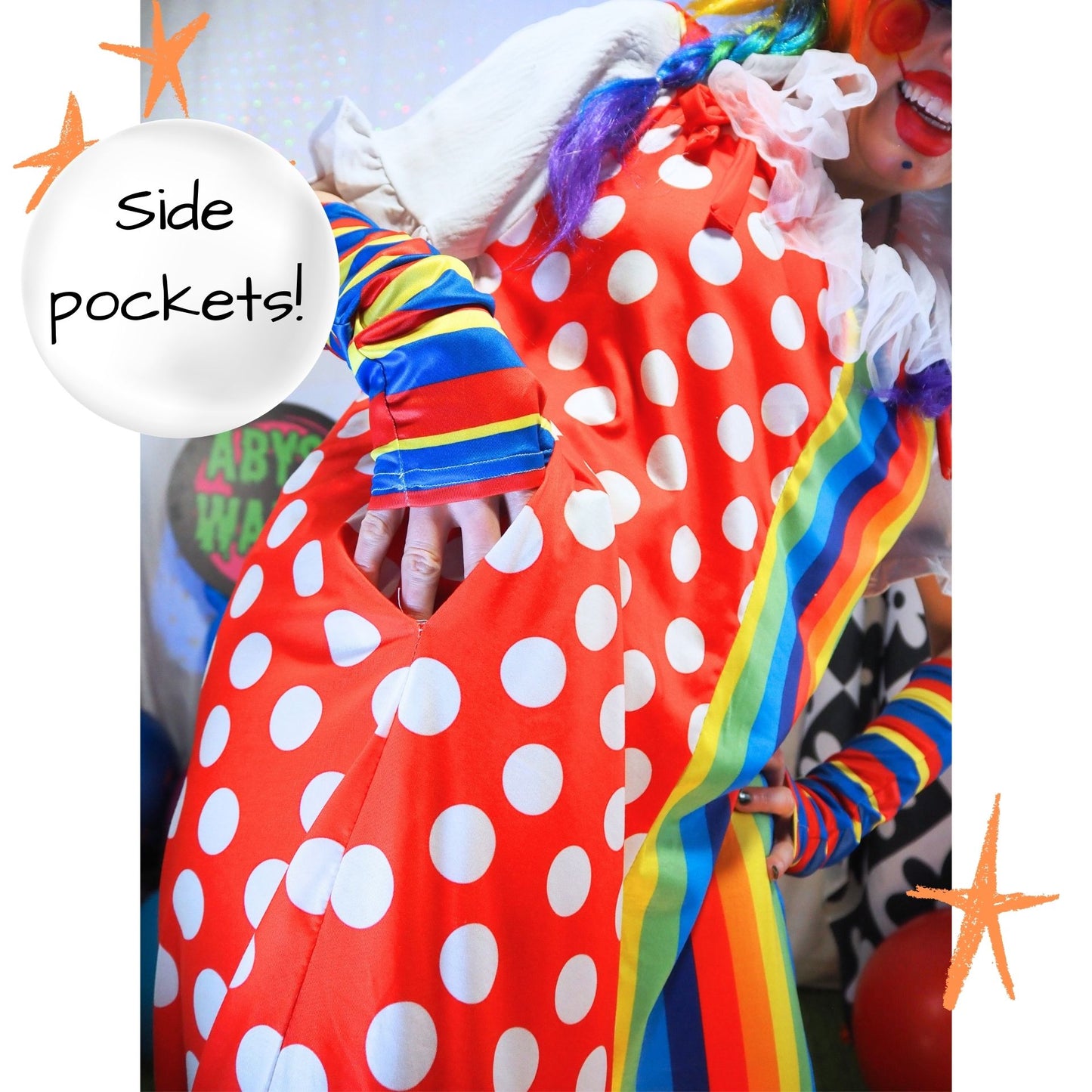 Colorful polka dot bag with side pockets held by a person in a clown costume.