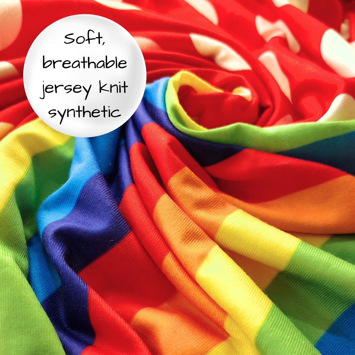 Colorful fabric swatch with text overlay on a multicolored background