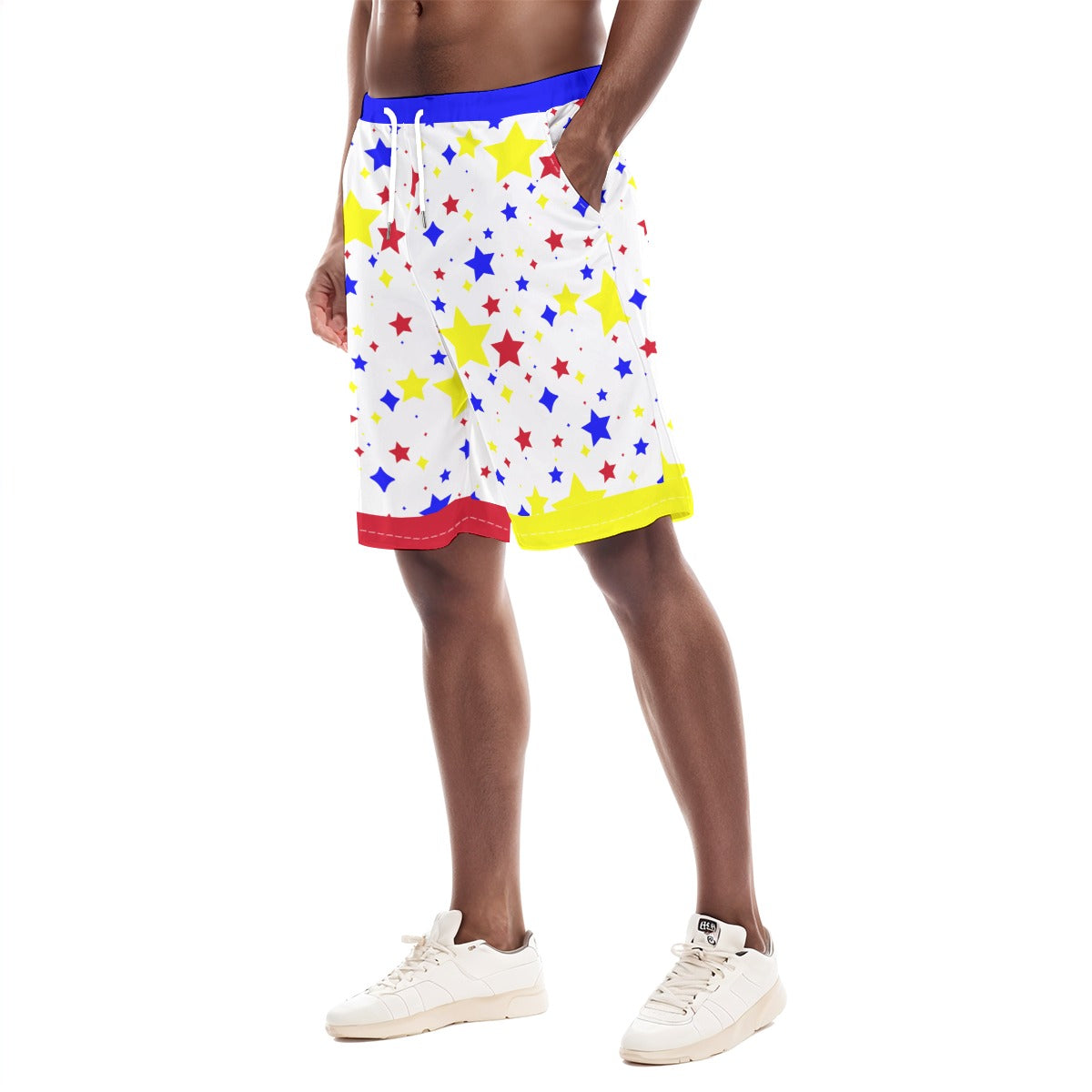 Person wearing colorful star-patterned shorts on a white background