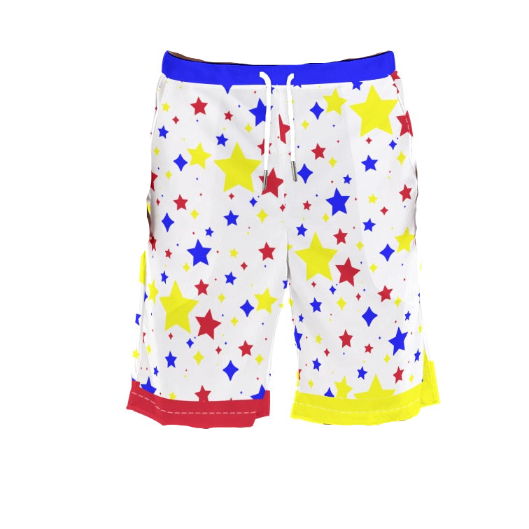 Colorful star-patterned shorts on a white background