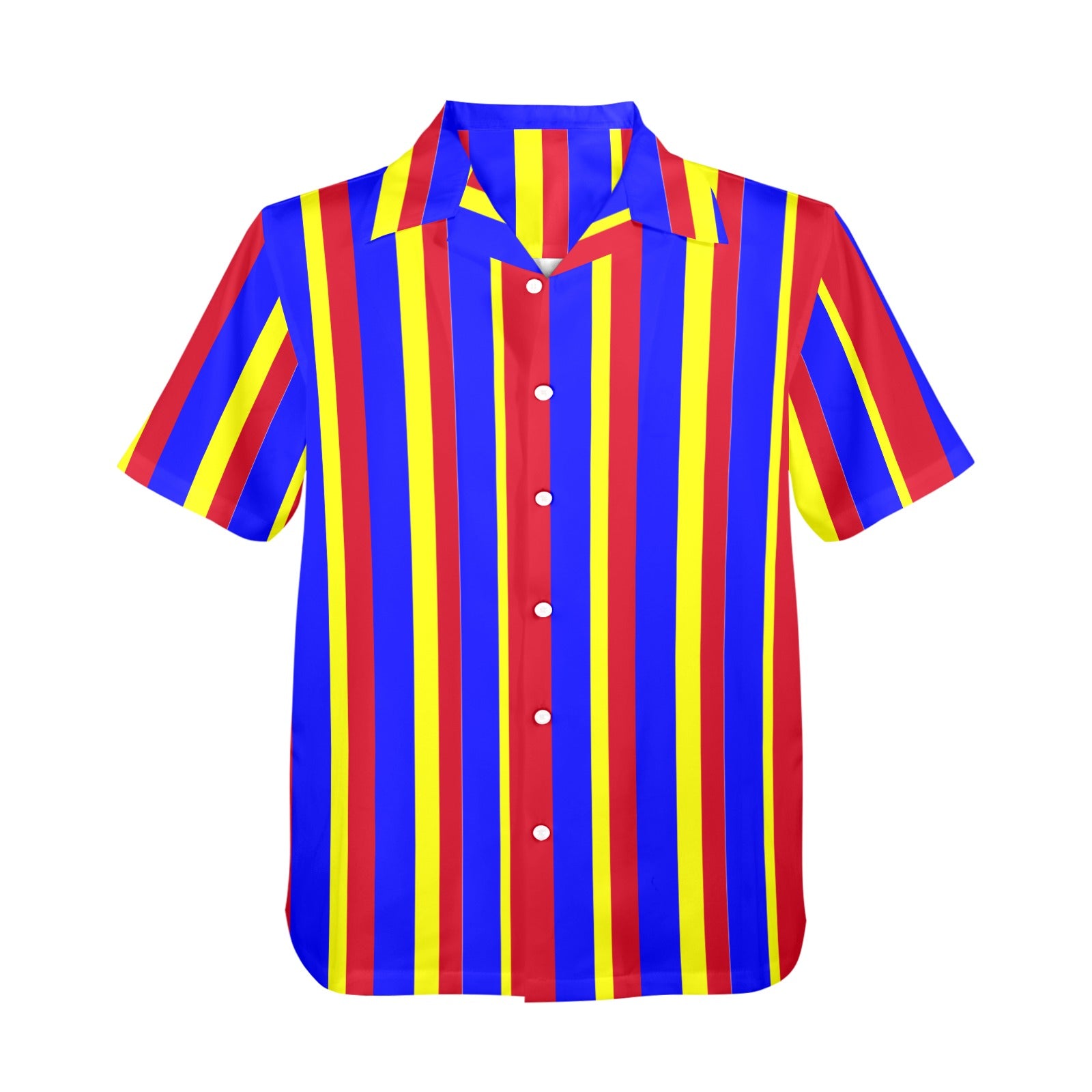 Colorful striped shirt with red, blue, and yellow vertical stripes on a white background