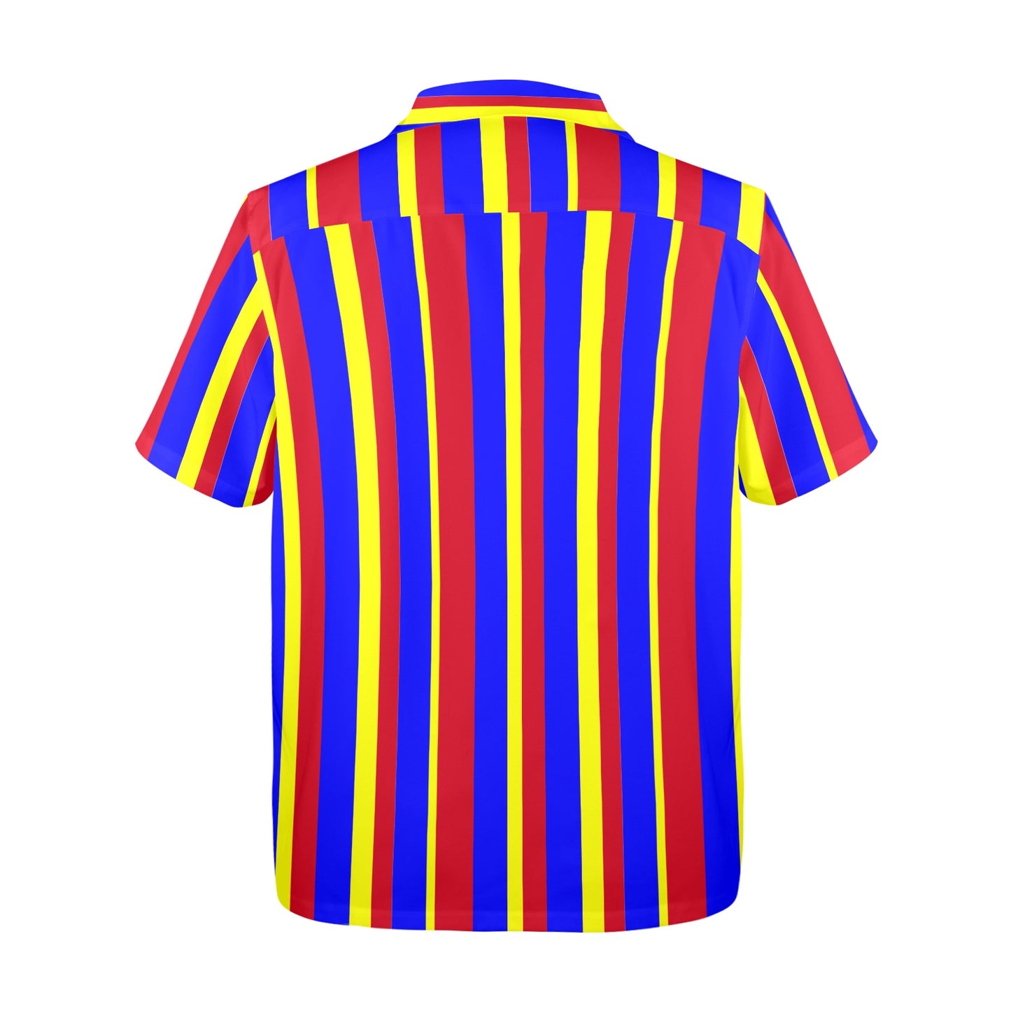 Colorful striped shirt with red, yellow, and blue vertical stripes on a white background