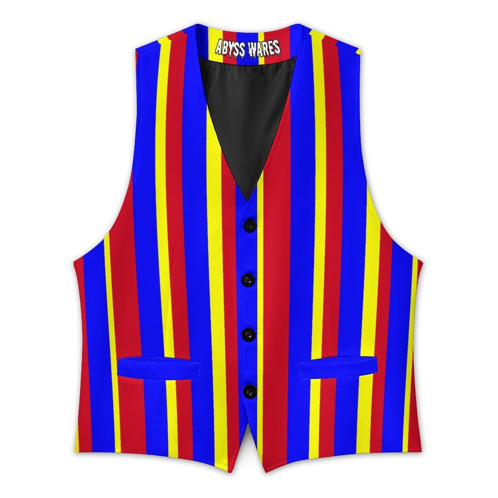 Colorful red blue yellow striped vest with black buttons