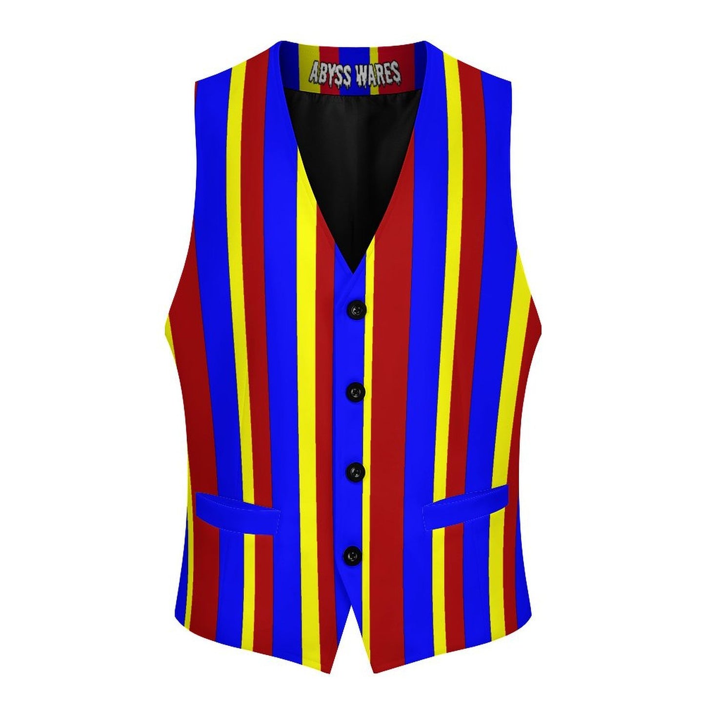 Colorful striped vest with 'Abyss Wares' label on a white background