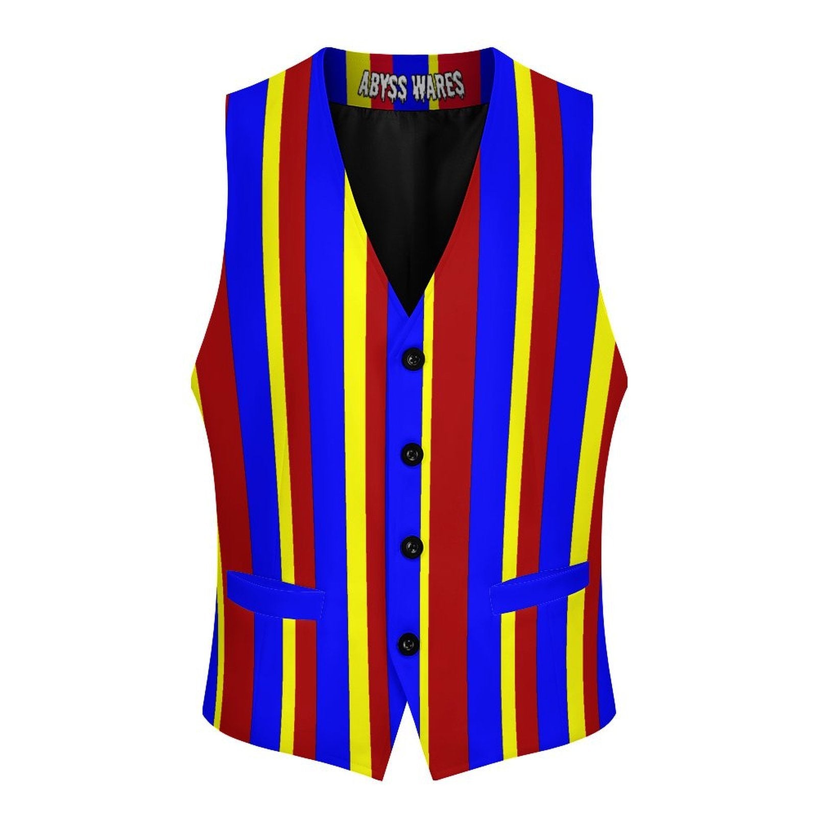 Colorful striped vest with 'Abyss Wares' label on a white background