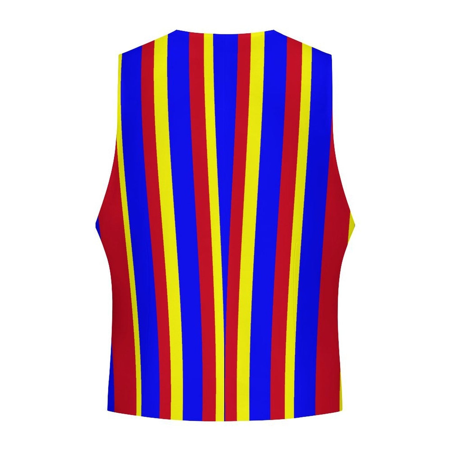 Back view of CLown Stripe Vest with red, yellow, and blue vertical stripes on a white background