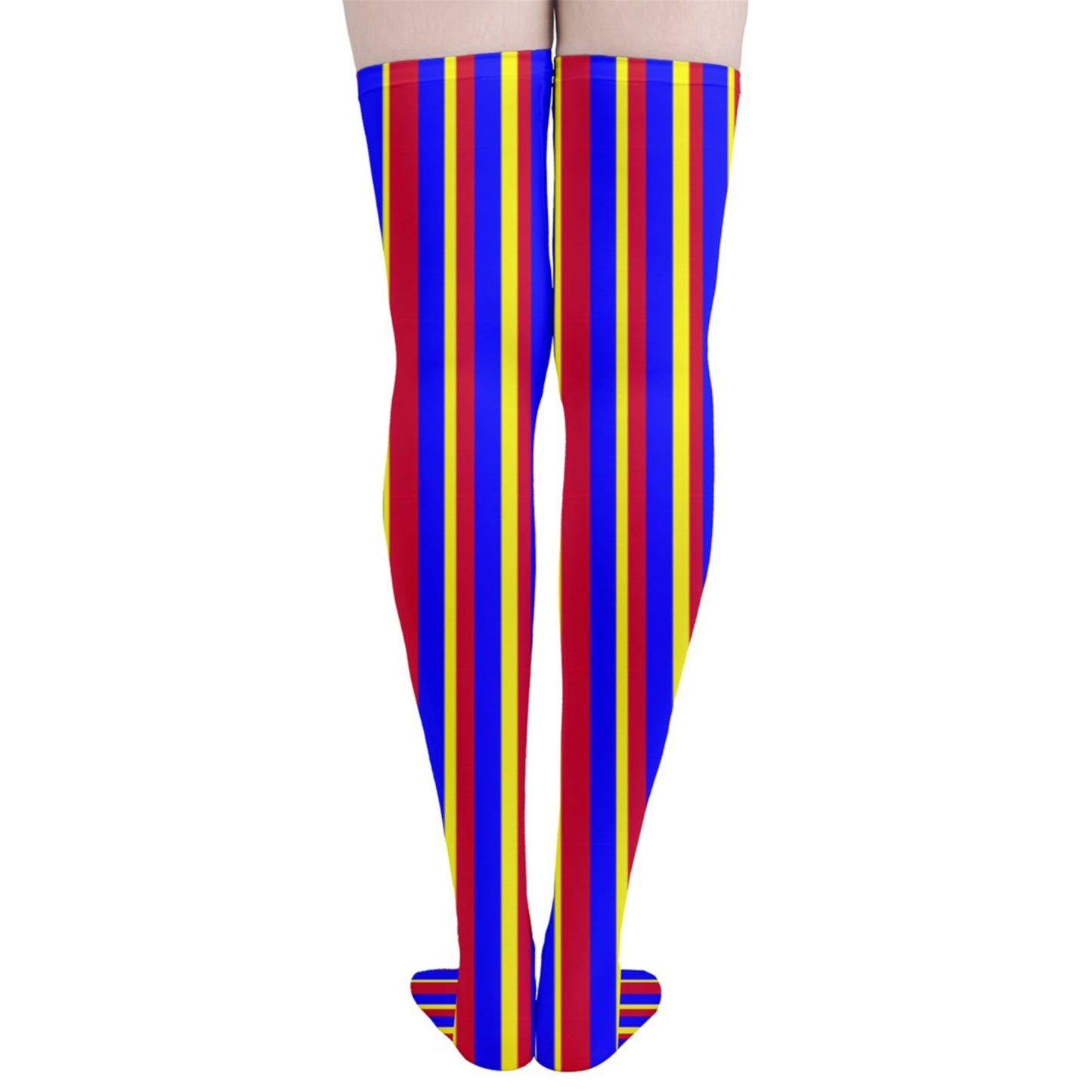 circuscore red yellow blue stockings in a vertical stripe