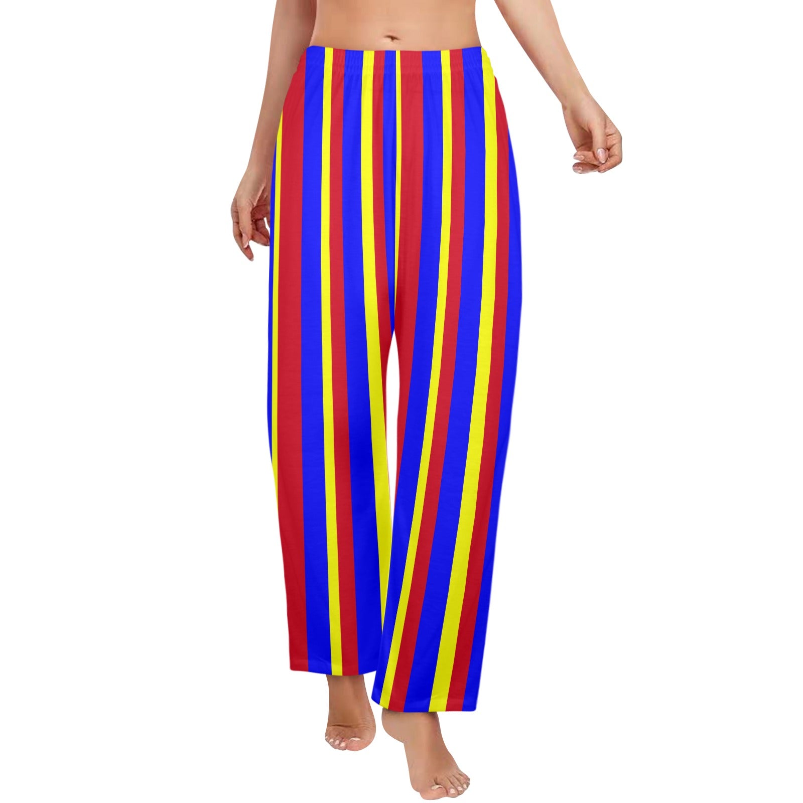 Colorful striped pants worn by a person on a white background