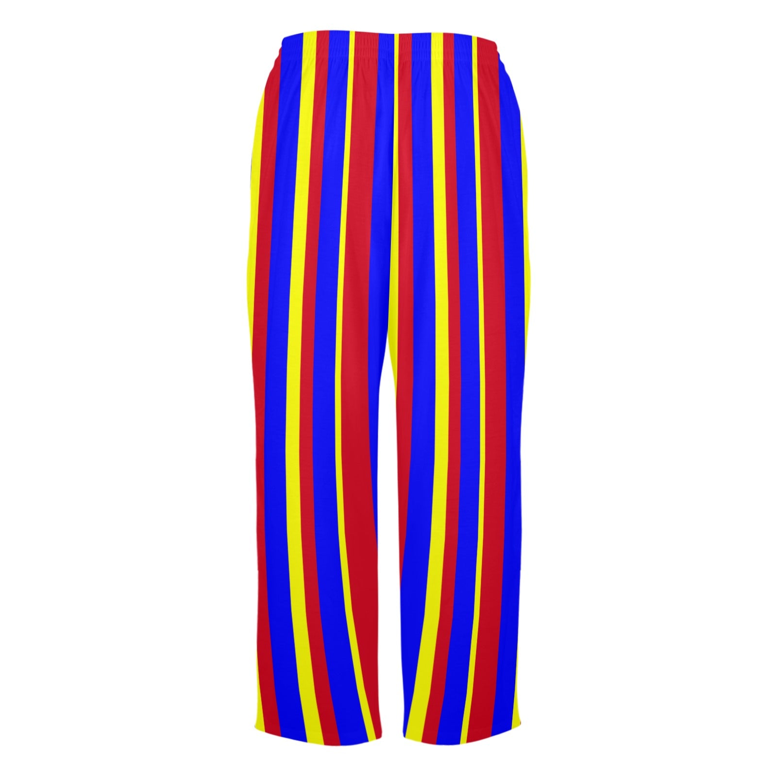 Colorful striped pants with red, yellow, and blue vertical stripes on a white background